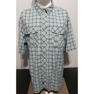 Cabellas Mens Size Large Blue/Yellow Plaid Short Sleeve Button Down Casual Shirt